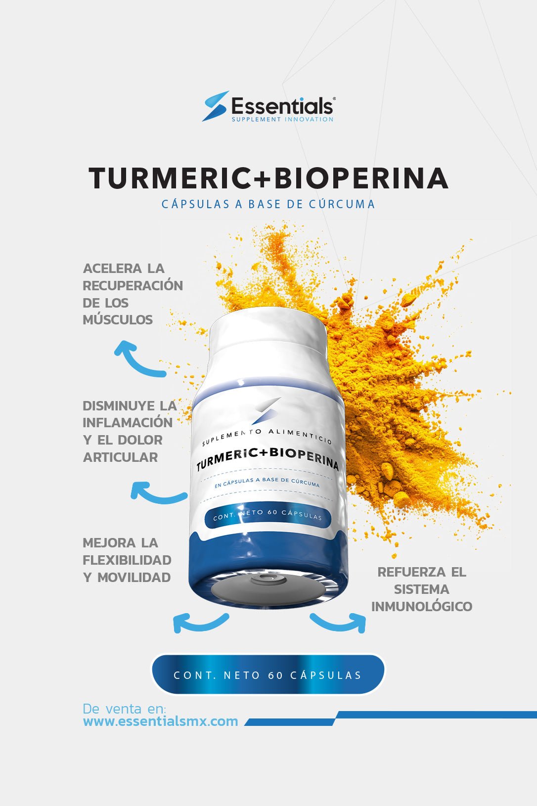 Turmeric + Bioperina 375mg - Cúrcuma 60 Caps - Essentials