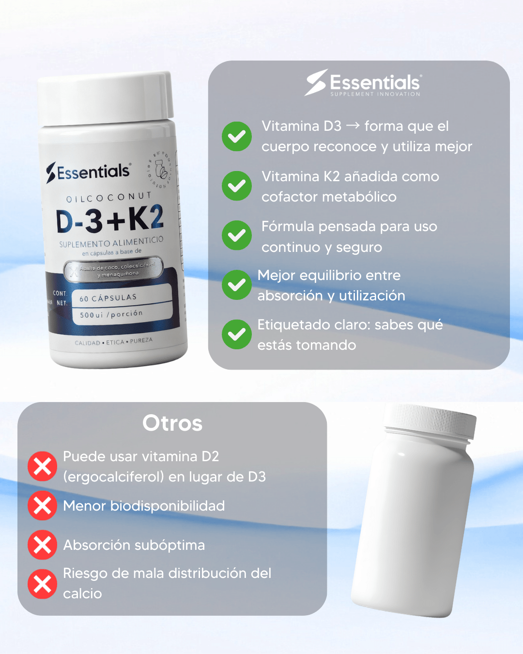 Vitamina D3 + K2 500UI 60 Cápsulas - Essentials